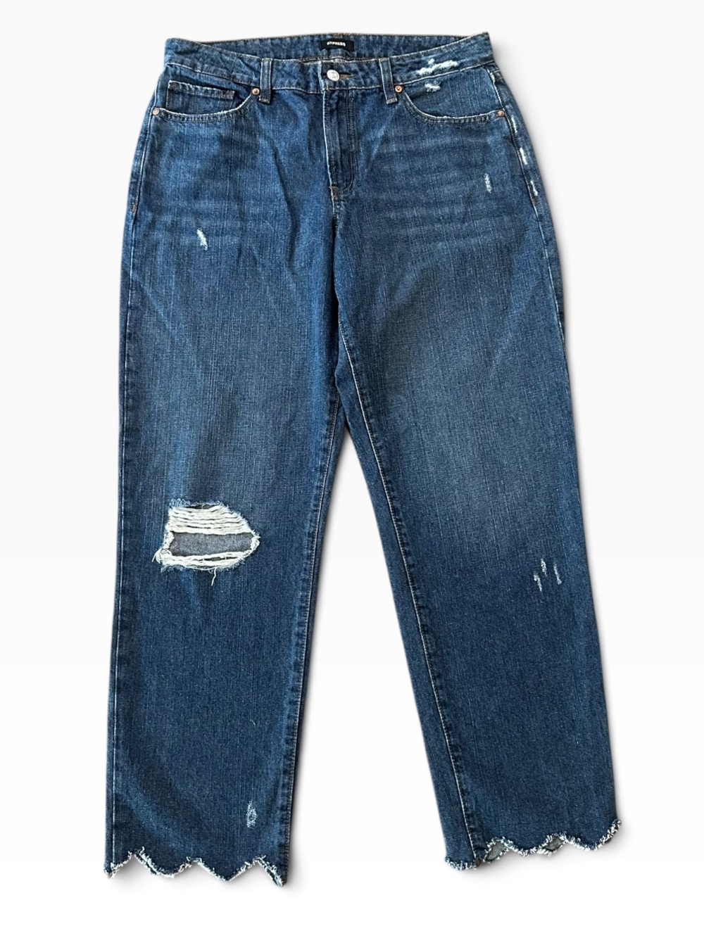 EXPRESS Boyfriend Mid Rise scalloped hem distressed ankle jeans size 10R